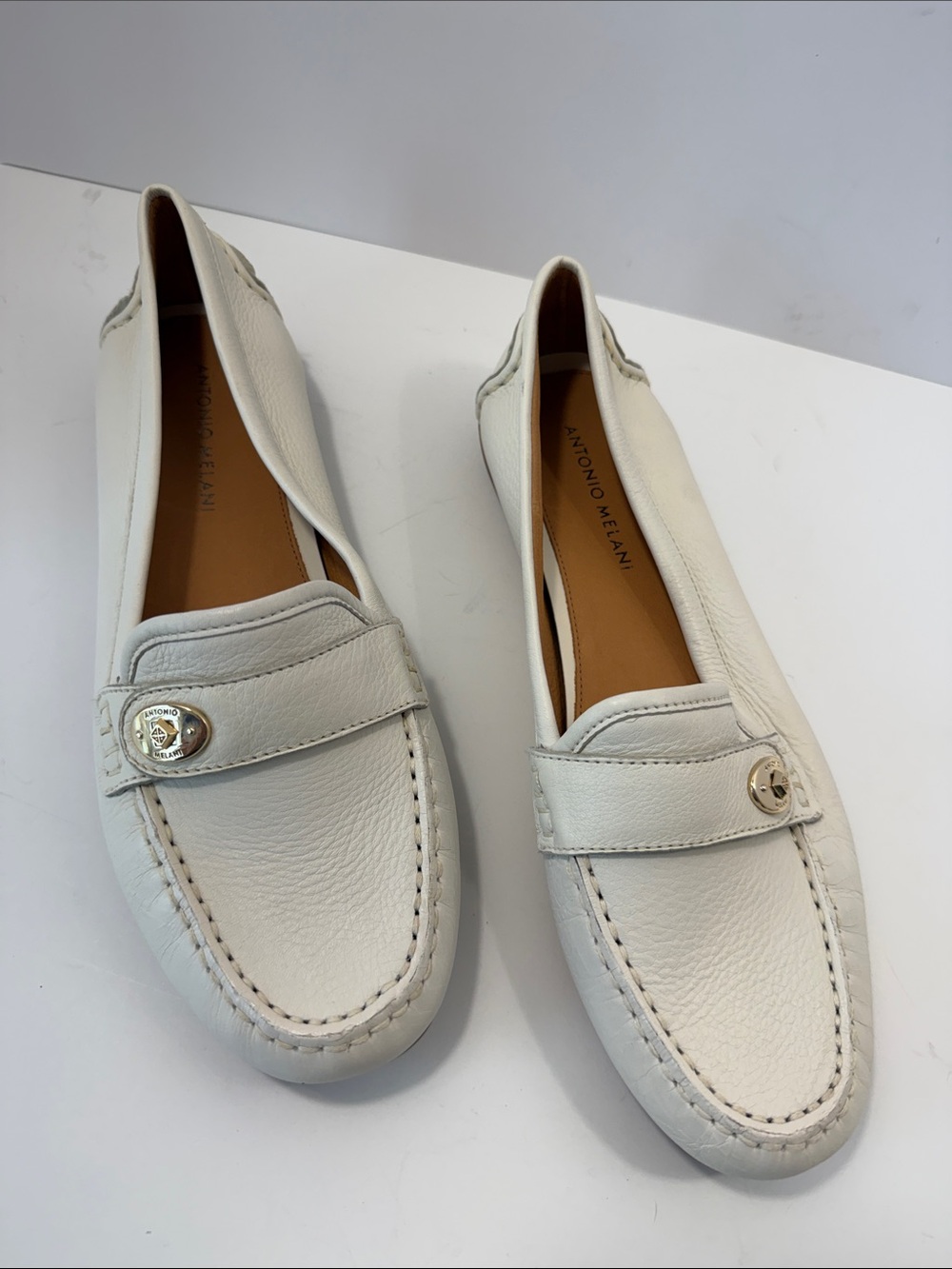 ANTONIO MELANI Ivory Leather Penny Loafers with Metal Accent